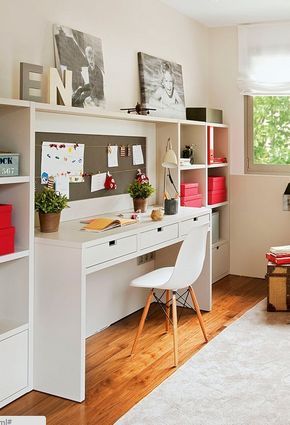 desk with shelves and books on shelves color white